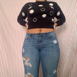 Navy blue and white polka dot cropped sweater